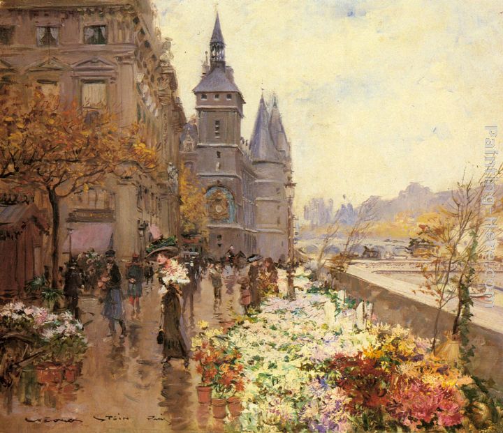 A Flower Market Along the Seine painting - Georges Stein A Flower Market Along the Seine art painting
